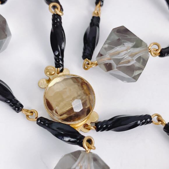 VTG West Germany 46" Smoky Gray Faceted Plastic Bead Necklace Glass Box Clasp - Picture 4 of 11